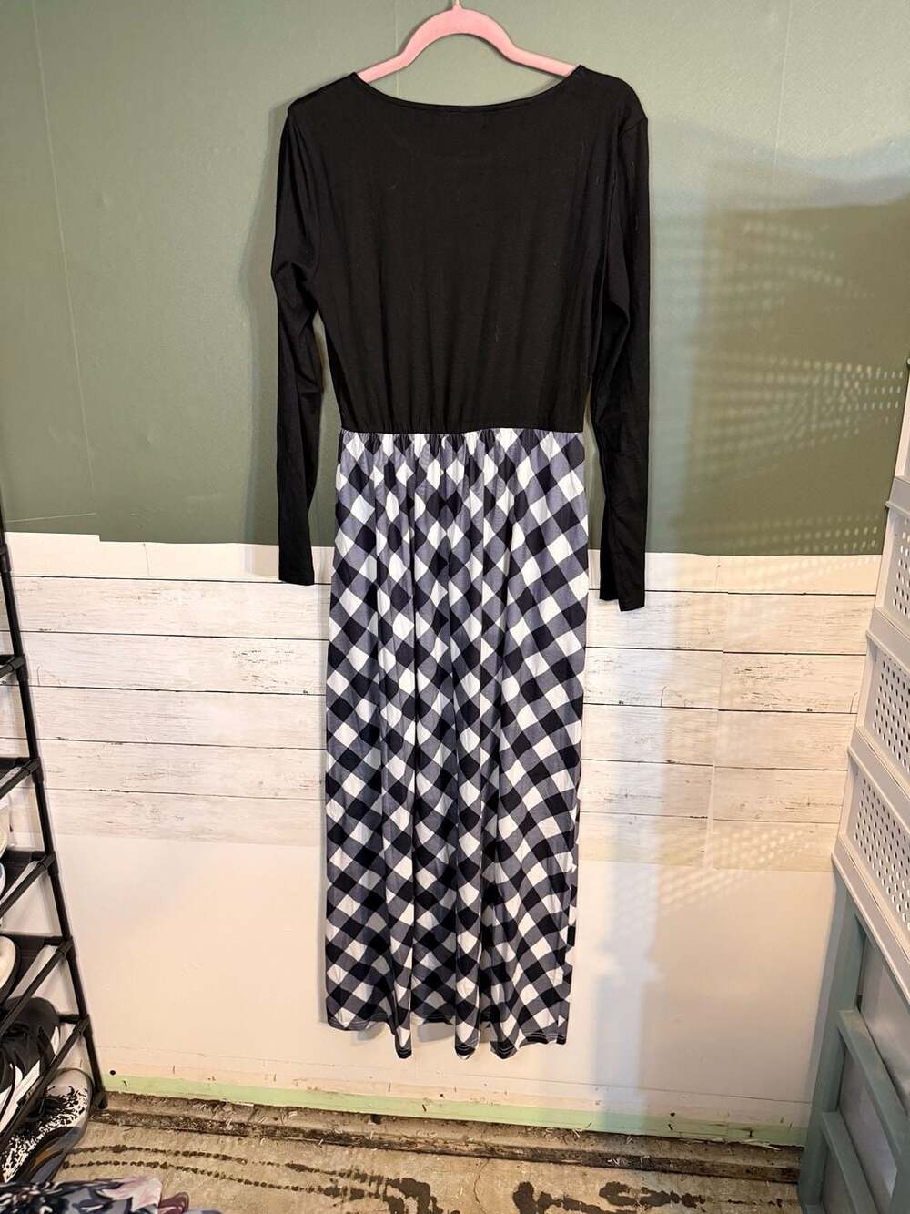 NWT Merokeety Womens Buffalo Plaid Long Sleeve Maxi Dress Black White